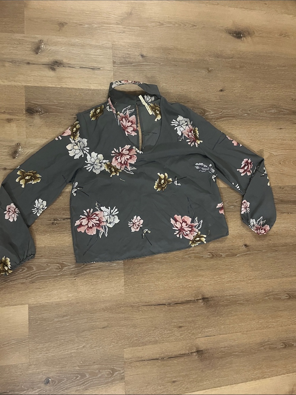 Live 4 Truth Gray Floral V-Neck Top with Cream and Yellow Blooms